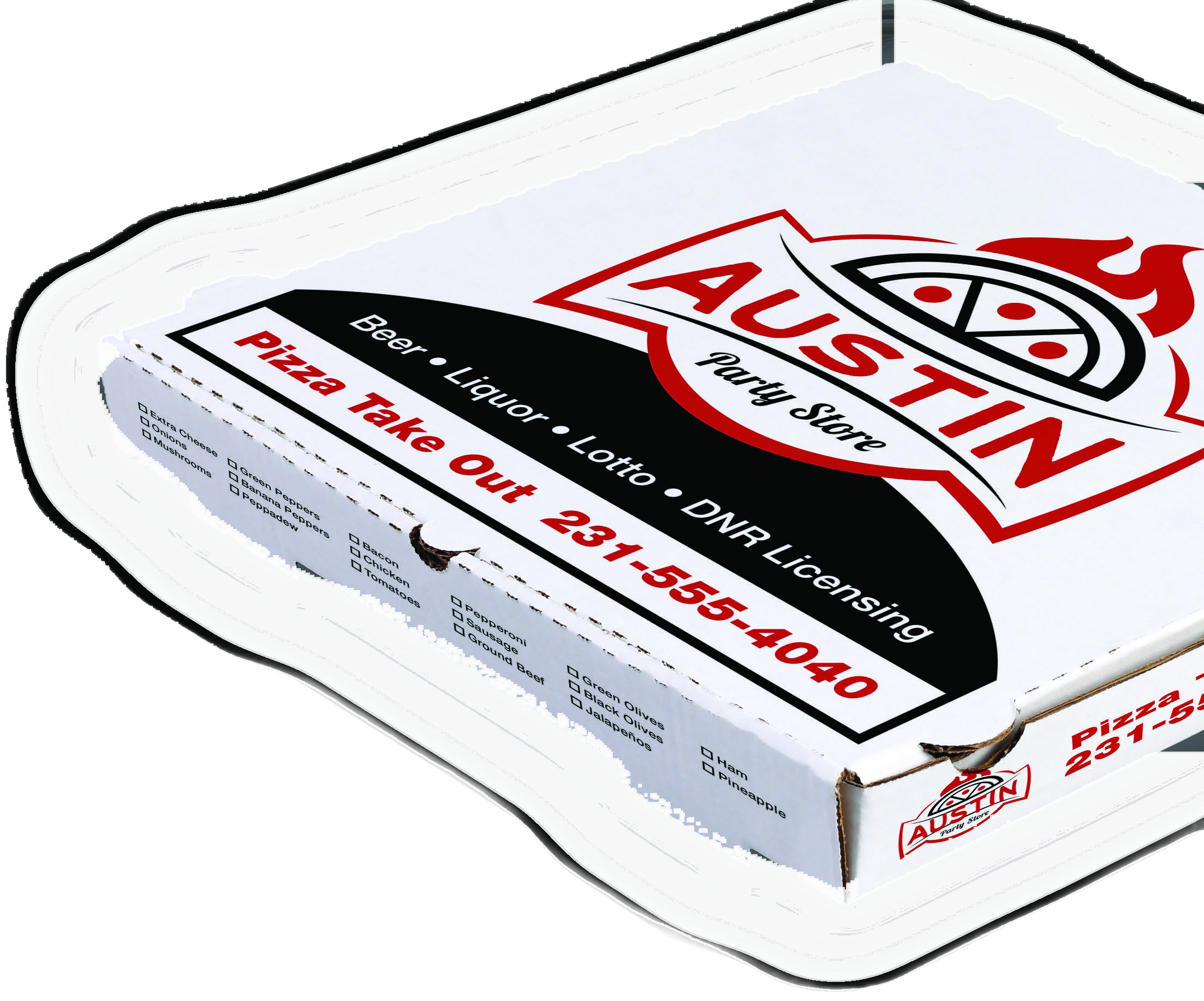 Custom-printed ARVCO pizza box for Austin Party Store