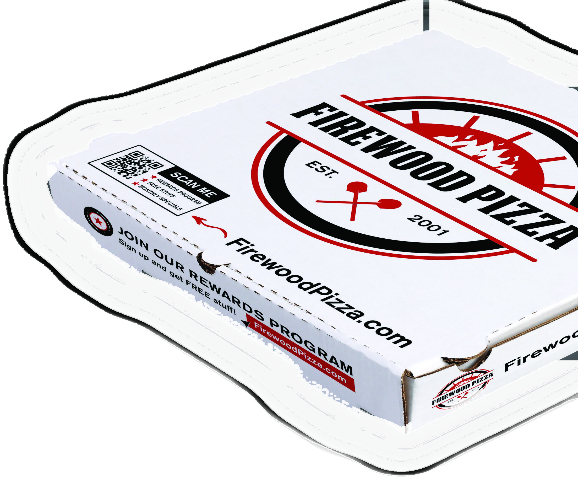 Custom-printed ARVCO pizza box for Firewood Pizza