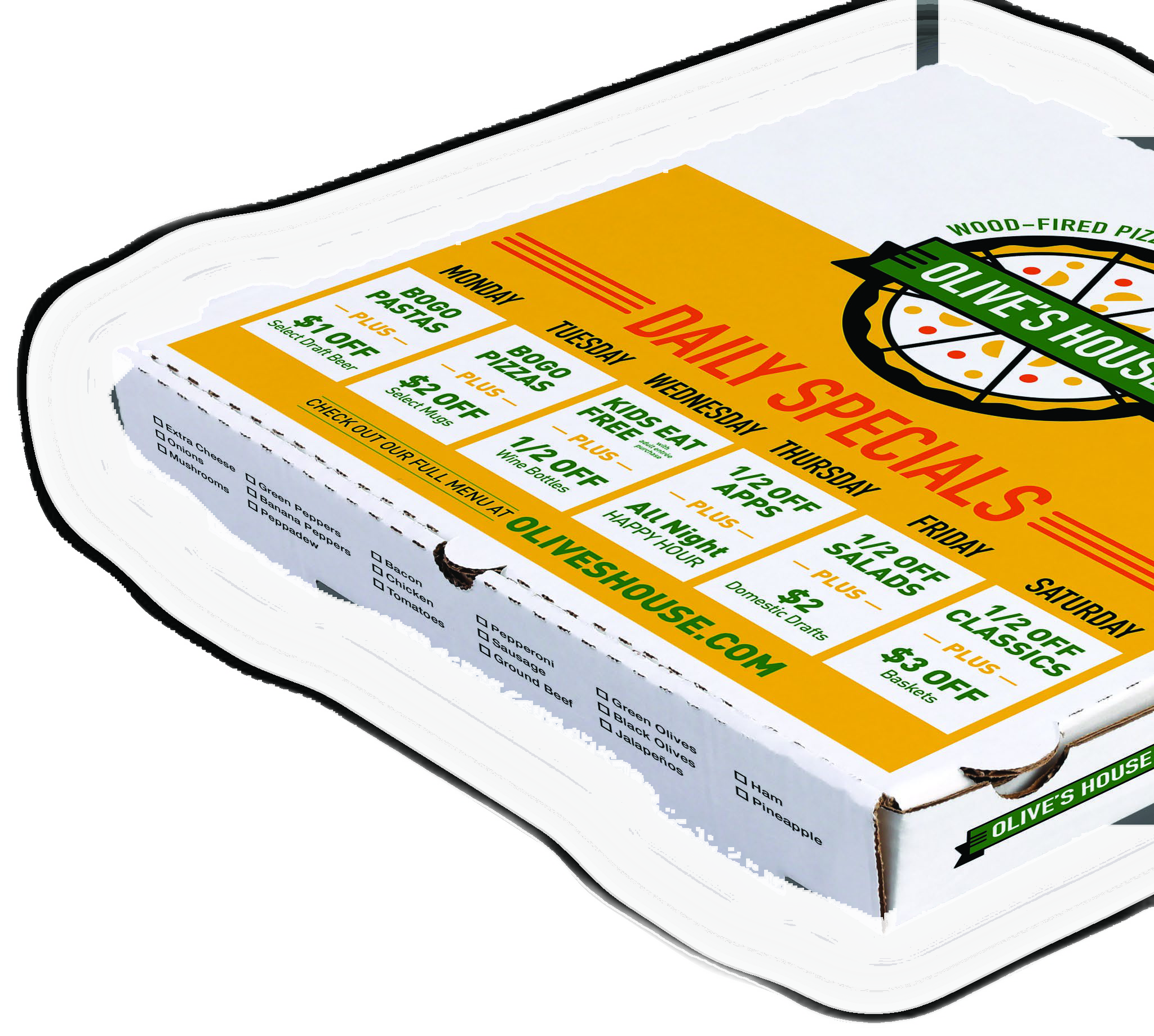 Custom-printed ARVCO pizza box for Olive's House